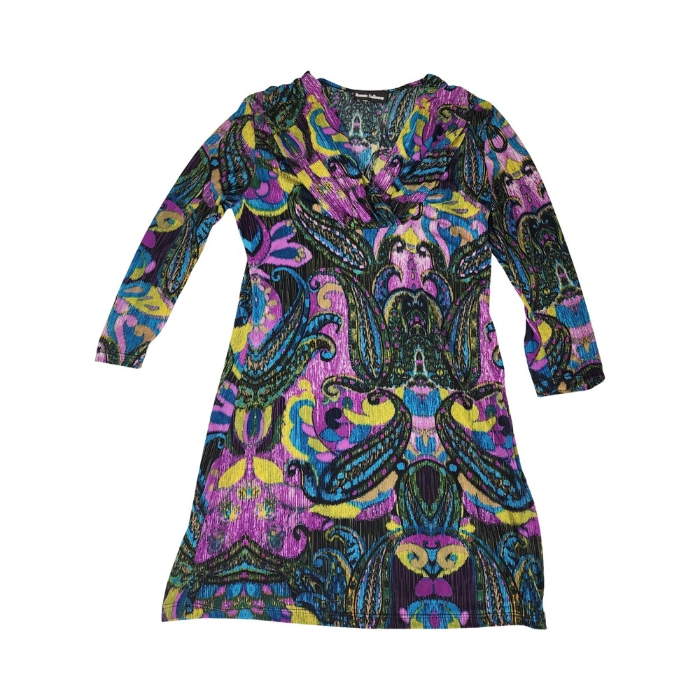 Ronnie‎ Salloway Womens Paisley Crinkle Tunic Top Long Sleeve V-Neck Multi-Color